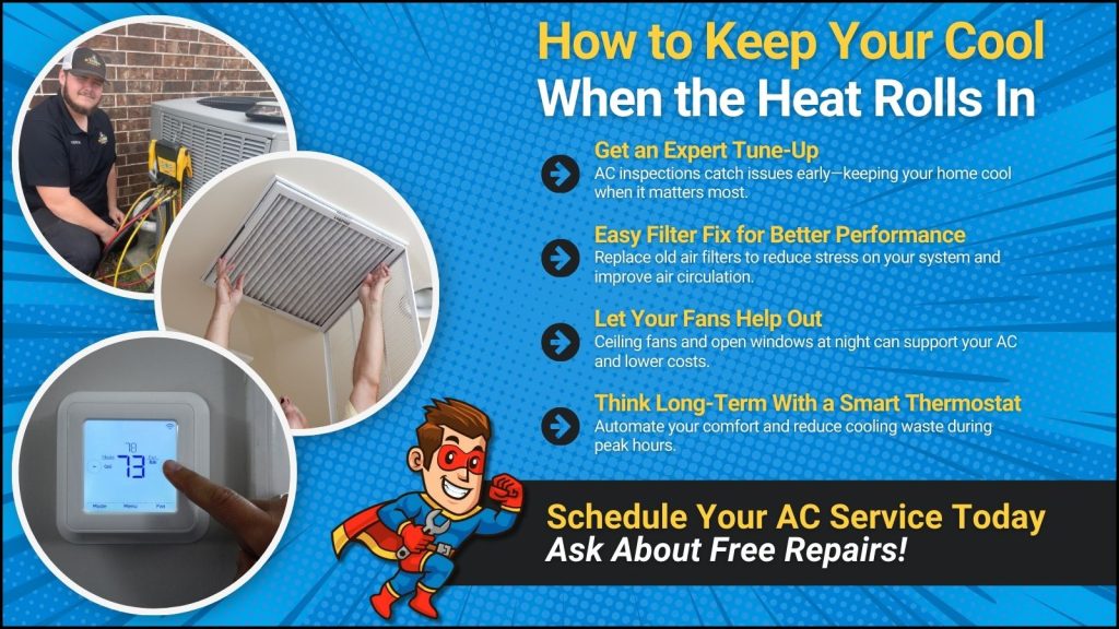This is an image of an HVAC technician working on an AC unit another image of someone changing air filter another image of a smart thermostat. The headline reads how to keep your cool when the heat rolls in.