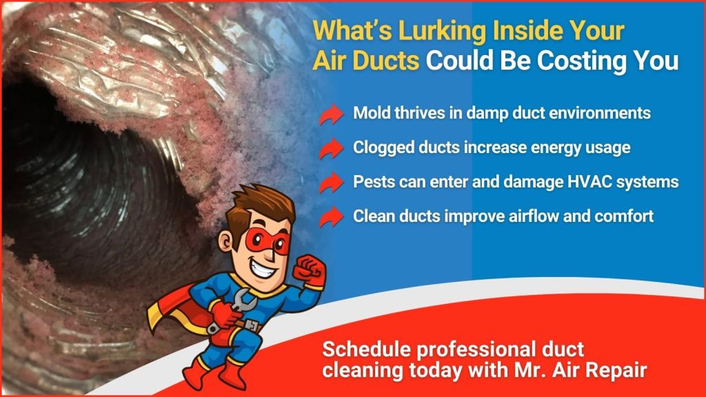 This is an image of a very dirty air duct. The headline reads what's lurking inside your air ducts could be costing you.