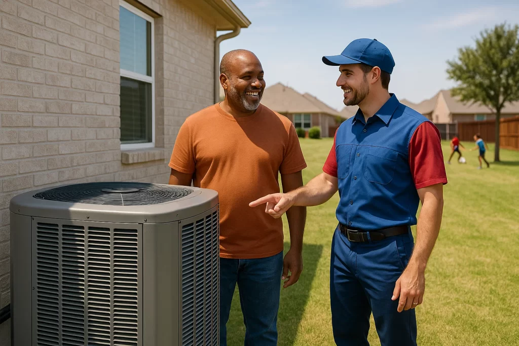 Texas homeowner and HVAC tech discussing heat pump energy savings outdoors