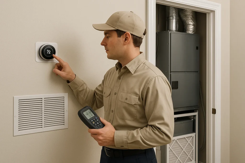 Technician adjusts smart thermostat near HVAC return vent in Texas home hallway