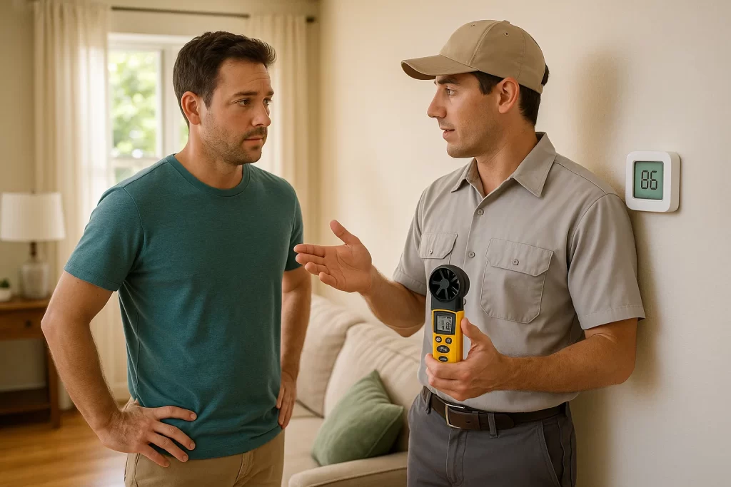 Homeowner and technician troubleshoot AC running hot in living room