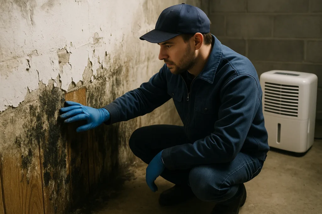 Technician inspecting damp wood and peeling paint in humid home with dehumidifier running