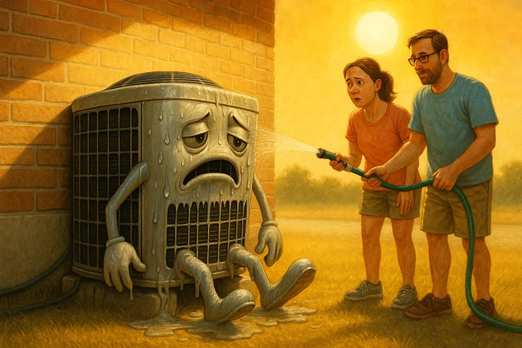 Homeowners try to help an Elling air-conditioning unit on the side of their house