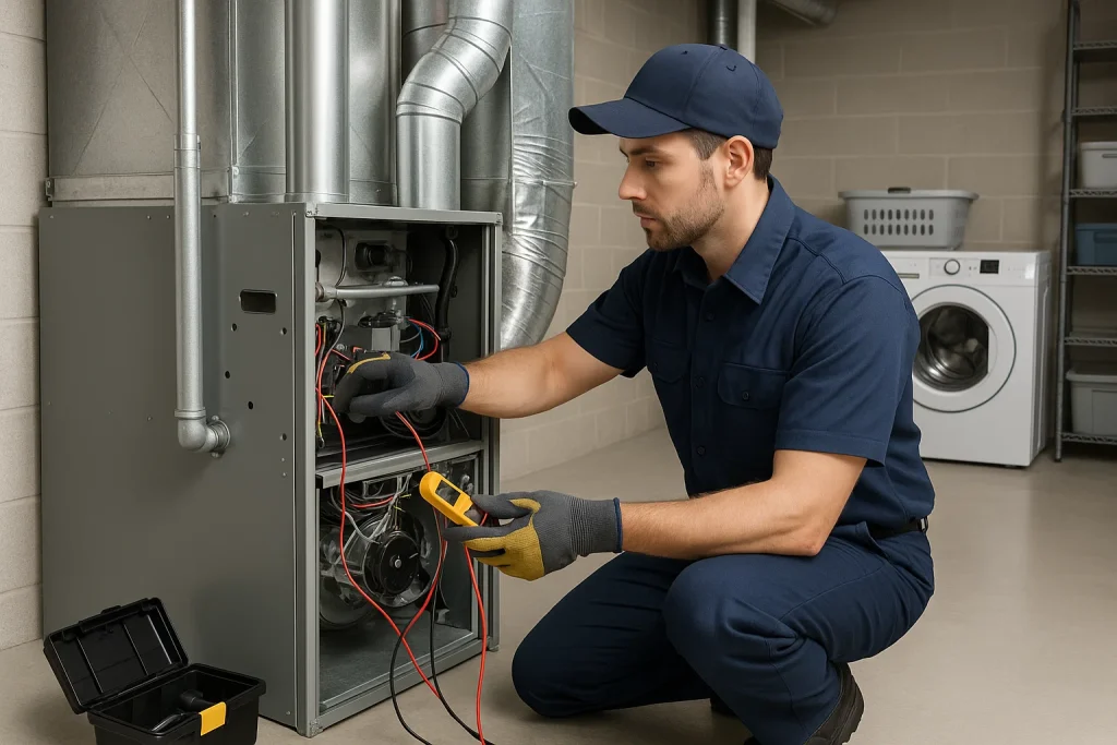 HVAC technician tests furnace voltage with multimeter in attic during seasonal tune-up