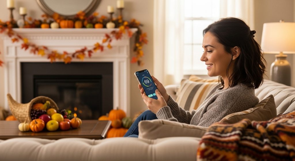 A happy woman on her sofa in the living room. She is using her smartphone to adjust the temperature in her home. The temperature on her phone reads 69. Her living room is well-lit and decorated for Thanksgiving.