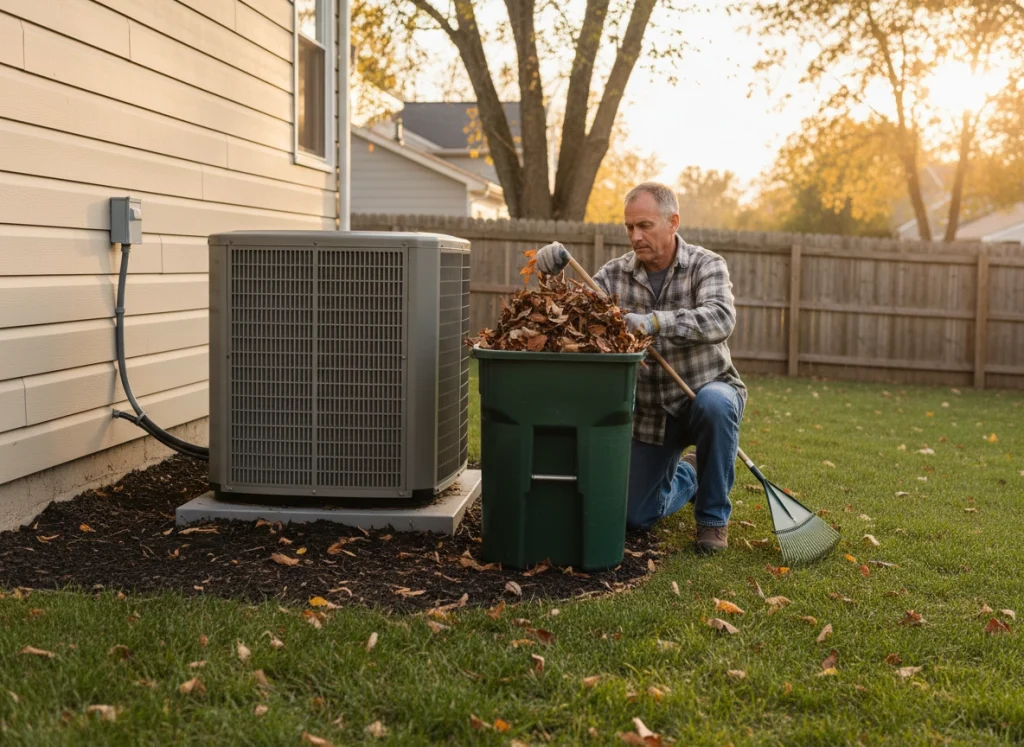 Homeowner clearing leaves and debris around outdoor HVAC unit to improve airflow