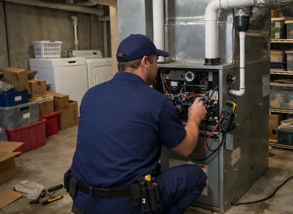 An HVAC tech working on and servicing a furnace.