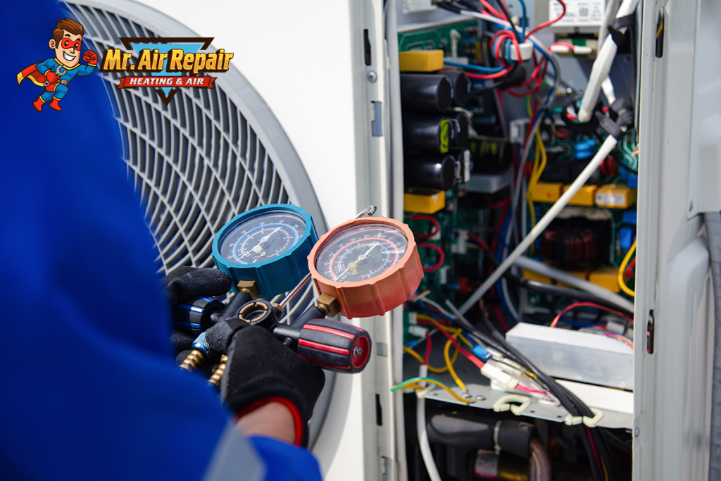 An HVAC tech in a blue uniform using a gauge to check an HVAC system
