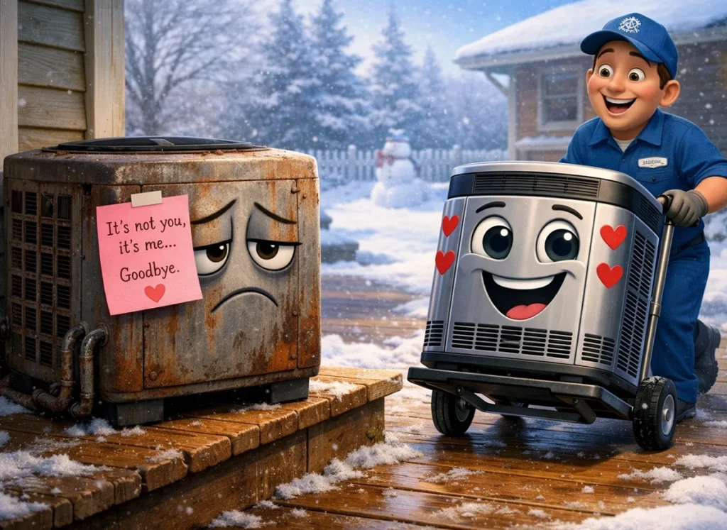 Cartoon-style old HVAC unit with breakup note being replaced by new system in winter