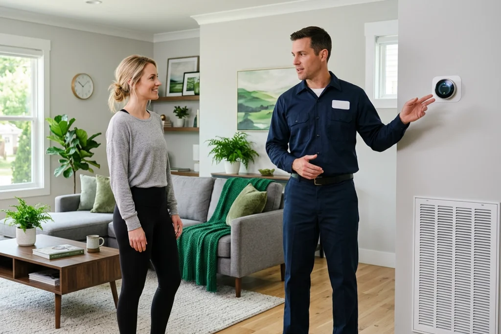 Homeowner and HVAC technician discussing energy-efficient home comfort