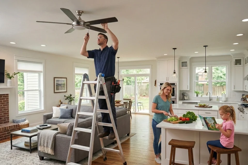 A electrician repairman working on a ceiling fan