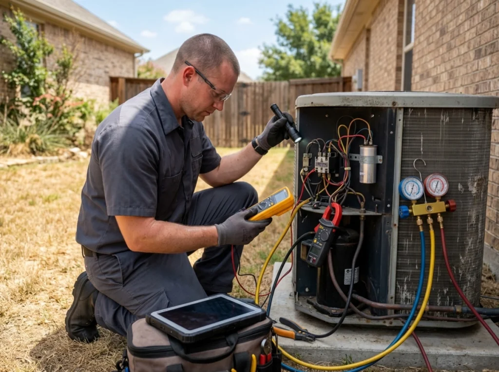 HVAC technician diagnosing emergency AC repair in extreme heat