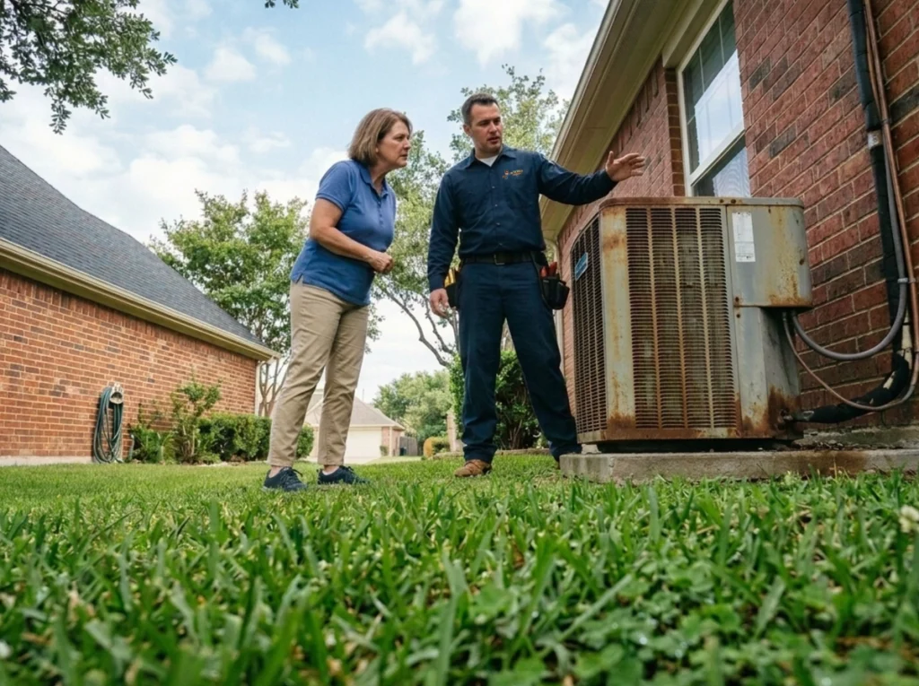 Wylie homeowner discussing AC repair or replacement options with an HVAC technician