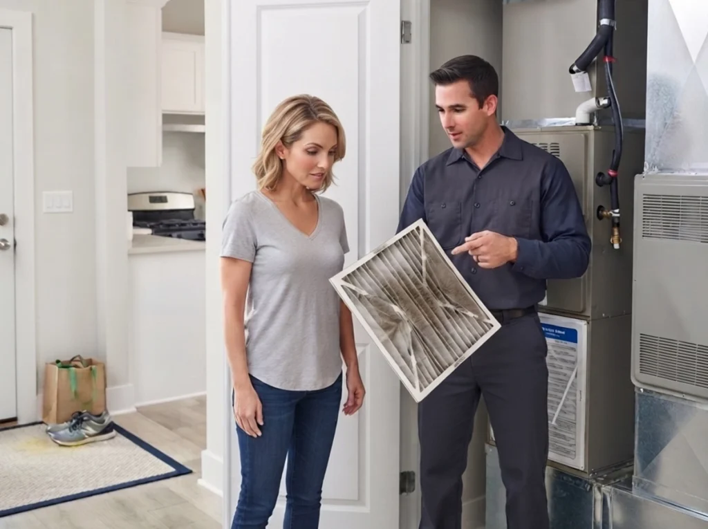 Plano homeowner comparing a dirty AC filter with whole-home filtration