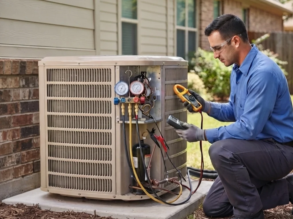 An HVAC technician servicing an AC unit on the side of the house.