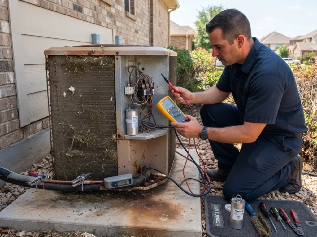 HVAC technician testing an overworked condenser in Garland Texas