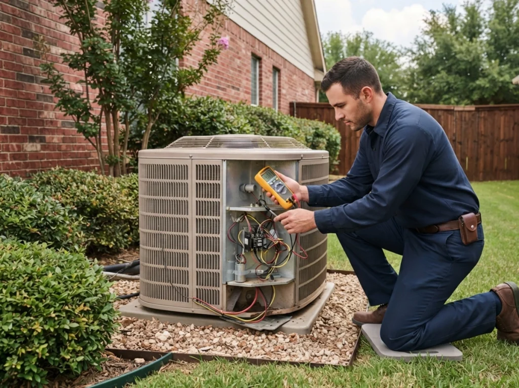 HVAC technician checking a heat pump before cooler weather in Wylie