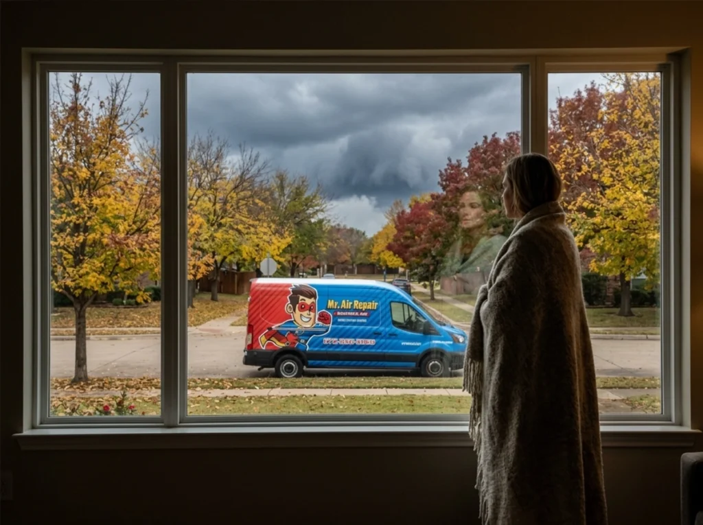 A homeowner waiting for the Mr Air Repair HVAC tech as a cold front moves in.
