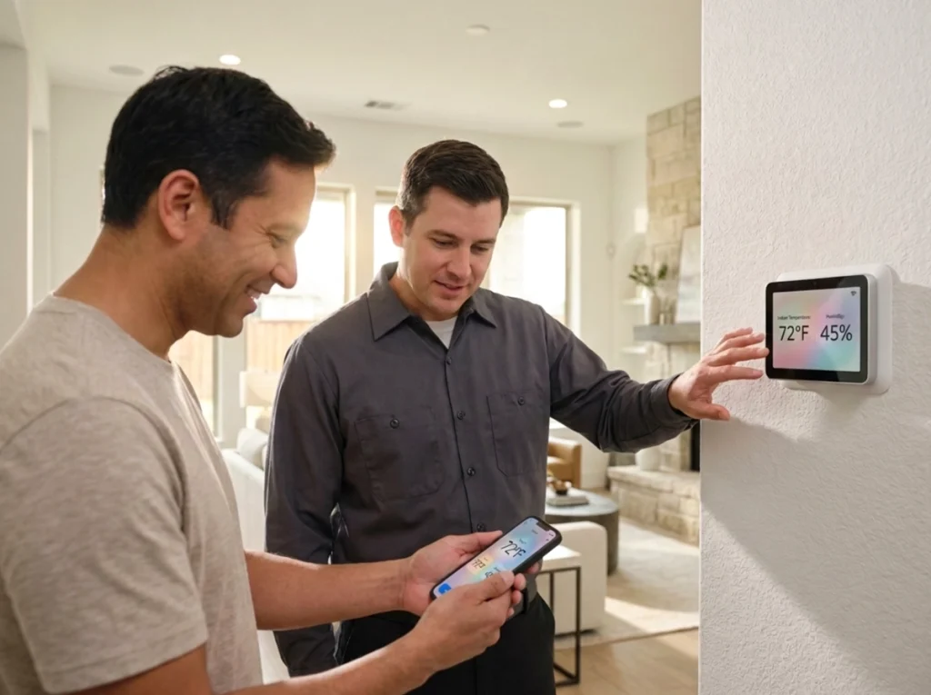 AnHVAC technician showing a homeowner a smart thermostat
