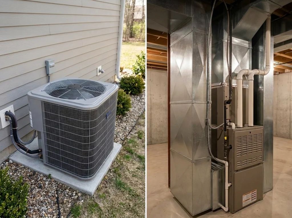 A split screen of a heat pump and a furnace.